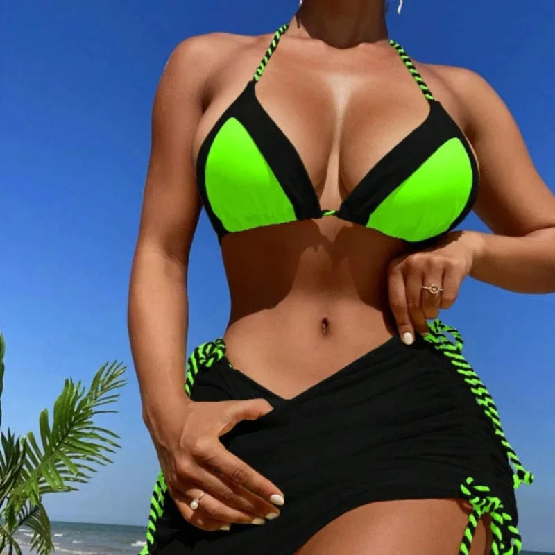 DAMOCHIC Mini Micro Bikini Modest Bathing Suit 3 Piece Swimwear Beachwear Halter Tops Beach Skirt Cover Up Swimsuit Bikini 2024