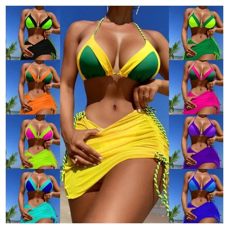 DAMOCHIC Mini Micro Bikini Modest Bathing Suit 3 Piece Swimwear Beachwear Halter Tops Beach Skirt Cover Up Swimsuit Bikini 2024