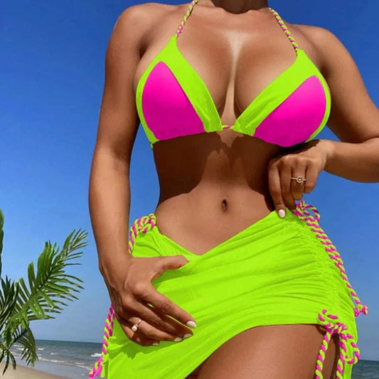 DAMOCHIC Mini Micro Bikini Modest Bathing Suit 3 Piece Swimwear Beachwear Halter Tops Beach Skirt Cover Up Swimsuit Bikini 2024