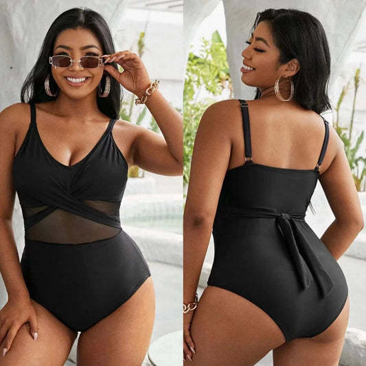 DAMOCHIC New Arrival Designer Swimsuit Mesh Black Large Bathing Suit One Piece Belt Fat Women Plus Size Swimwear Bikini 2023