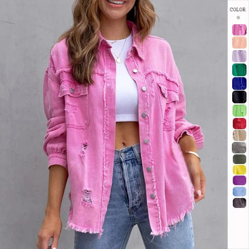 DAMOCHIC New Denim Jackets and Coats for Women Winter Autumn Solid Long Sleeve Hole Destroyed Jeans Jacket Coat Trench Casual