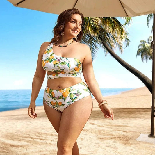DAMOCHIC New Fruit Print Swimwear One Shoulder Push Up Bathing Suit for Fat Women High Cut Swimsuit Plus Size Bikini Set 2023