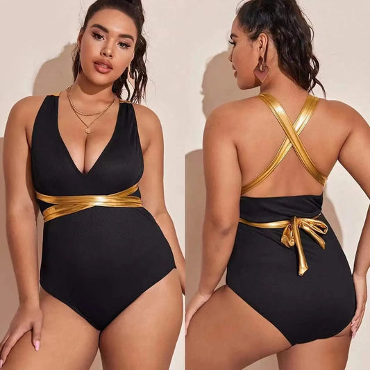 DAMOCHIC New Luxury Swimwear Plus Size Bikini for Fat Women Deep V Sexy Backless Bronzing Cross Straps Black One Piece Swimsuits