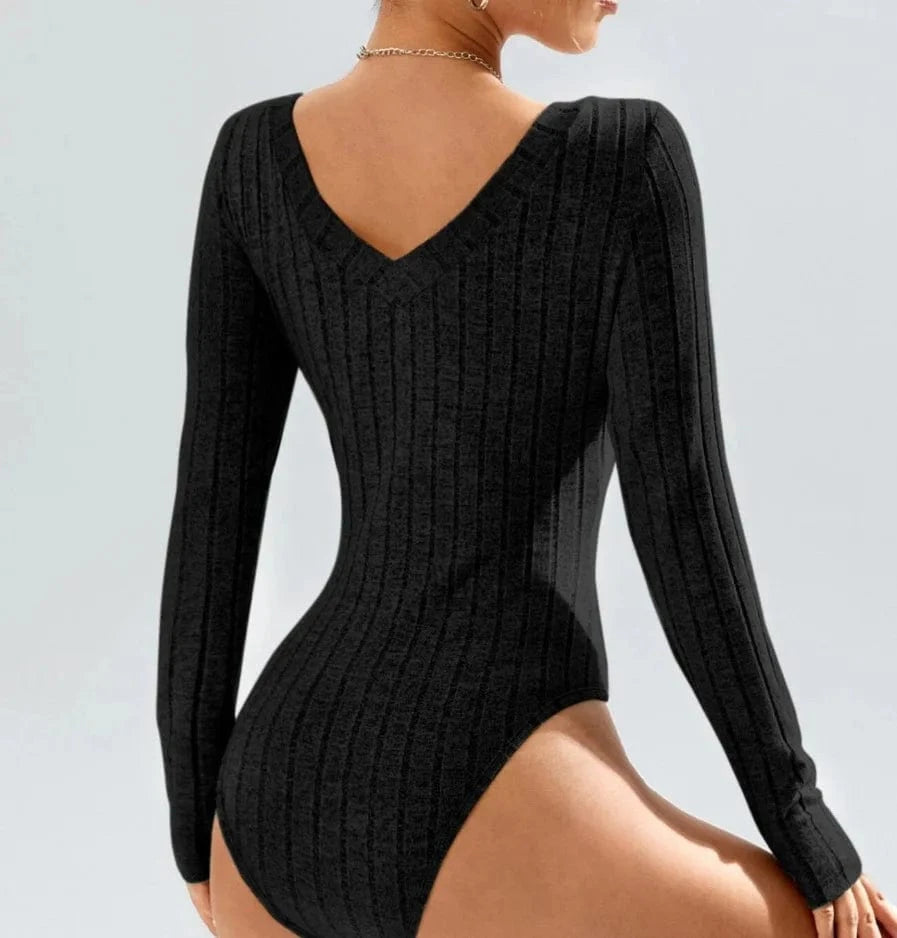 DAMOCHIC New Winter Ribbed Bodysuit Tops Long Sleeve Deep V Neck Knitted Bodysuits Skinny Sexy Fall Warm Women Thong Bodysuits