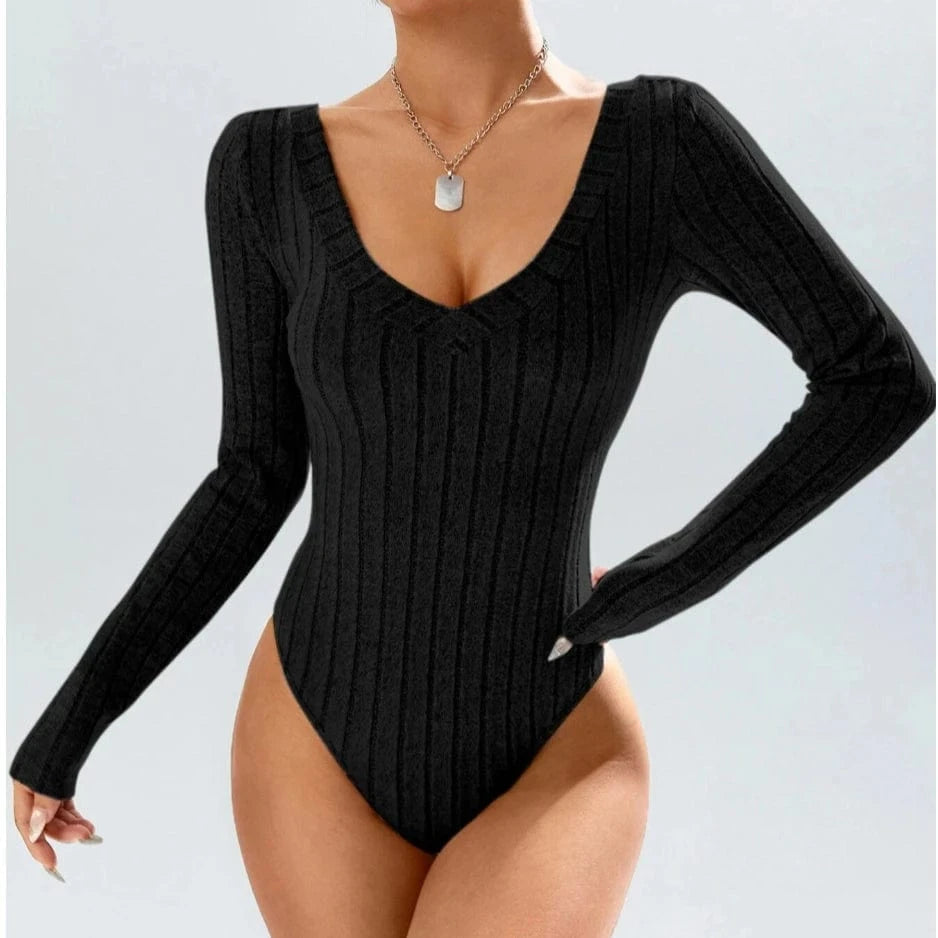 DAMOCHIC New Winter Ribbed Bodysuit Tops Long Sleeve Deep V Neck Knitted Bodysuits Skinny Sexy Fall Warm Women Thong Bodysuits