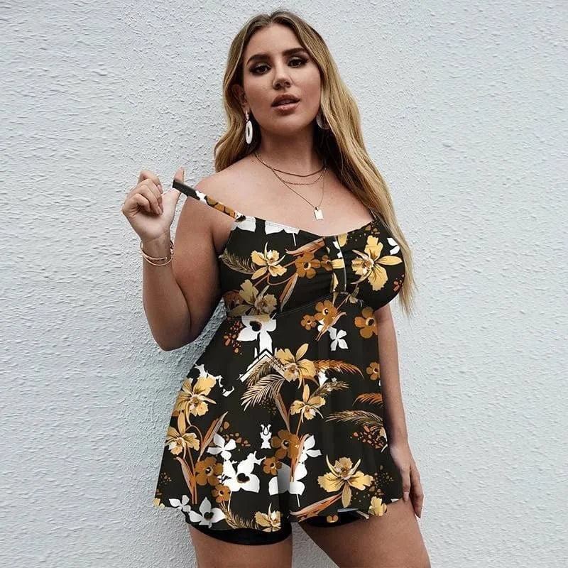 DAMOCHIC OEM Good Price Plus Size Swimwear Beachwear Floral Print Tankini Set Large Swimsuit with Swim Shorts Bathing Suit 2023