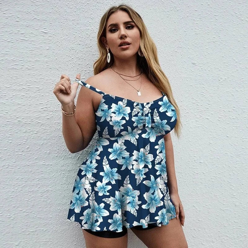 DAMOCHIC OEM Good Price Plus Size Swimwear Beachwear Floral Print Tankini Set Large Swimsuit with Swim Shorts Bathing Suit 2023