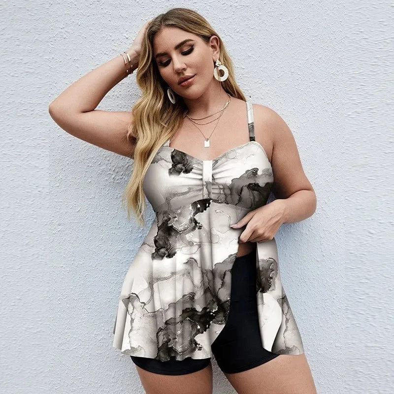 DAMOCHIC OEM Good Price Plus Size Swimwear Beachwear Floral Print Tankini Set Large Swimsuit with Swim Shorts Bathing Suit 2023