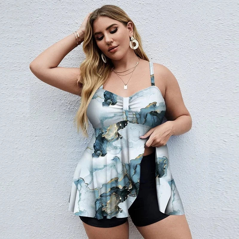 DAMOCHIC OEM Good Price Plus Size Swimwear Beachwear Floral Print Tankini Set Large Swimsuit with Swim Shorts Bathing Suit 2023