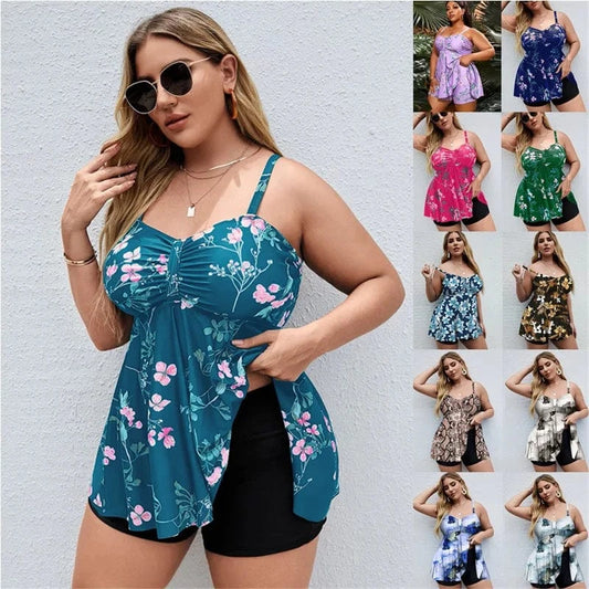 DAMOCHIC OEM Good Price Plus Size Swimwear Beachwear Floral Print Tankini Set Large Swimsuit with Swim Shorts Bathing Suit 2023