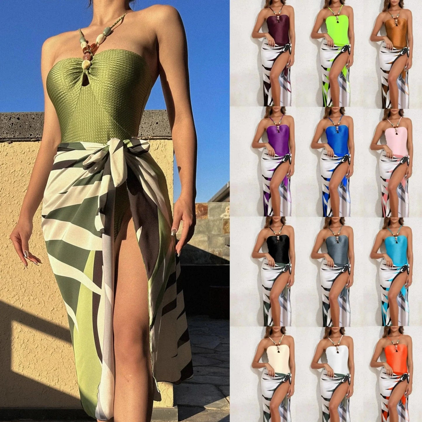 DAMOCHIC One Piece Swimsuit for Women Multicolor Lace Up Gem French Two Piece Long Dress Swim Skirt Suit Swimwear Beachwear 2024