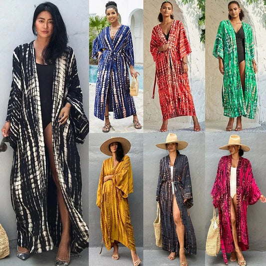 DAMOCHIC Private Label Rayon Kaftan Beach Cover Up Kimono Tie-Dye Swim Bikini Cover up with Belt Print Long Beach Cover Up 2023