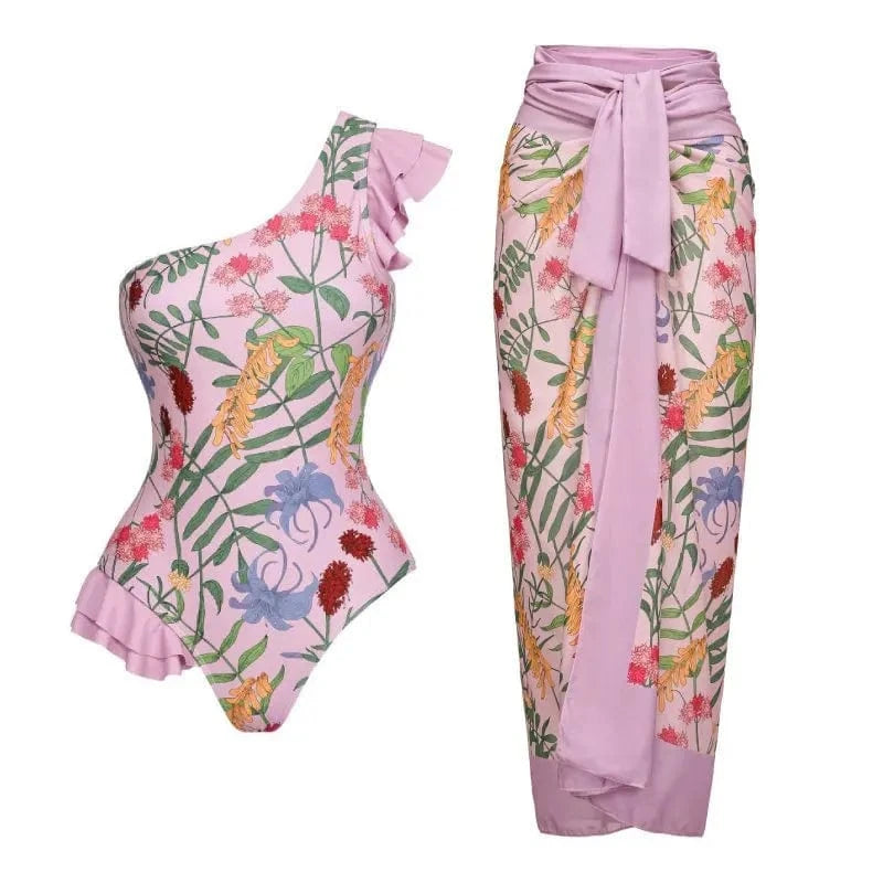 DAMOCHIC Ruffle One Shoulder Swimsuits with Swimwear Skirt Summer Printed Beach Wrap Cover Up 1 Piece Bathing Suit 2023 Women