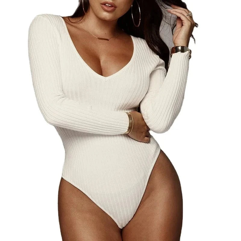 DAMOCHIC Spring Sculpting Thong Bodysuit High Cut Womens Solid Color Playsuit Long Sleeve Ribbed Basic Slim Fit Bodysuit 2023