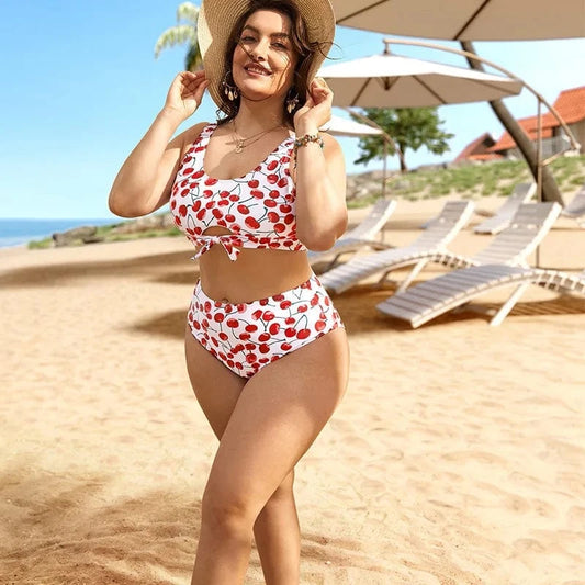 DAMOCHIC Style Ladies Sexy High Waist Swimsuit Cherry Fruit Print Plus Size Swimwear Push Up Big Cups Bikini for Fat Women 2023