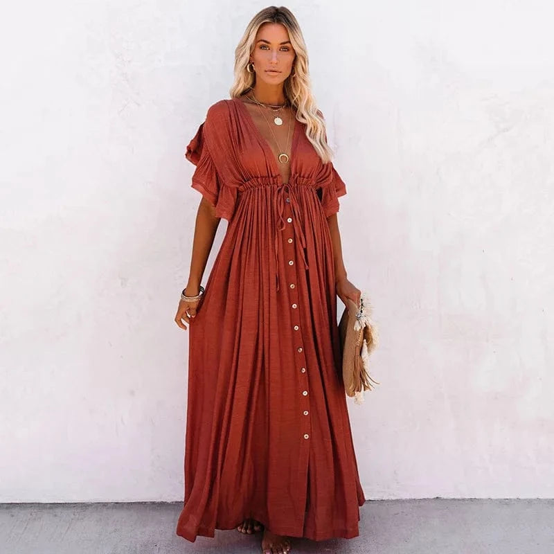 DAMOCHIC Summer Long Dress Female Sexy Deep V-Neck Beach Dresses Swimsuit Cover Up White Ladies Loose Maxi Beach Dresses 2023