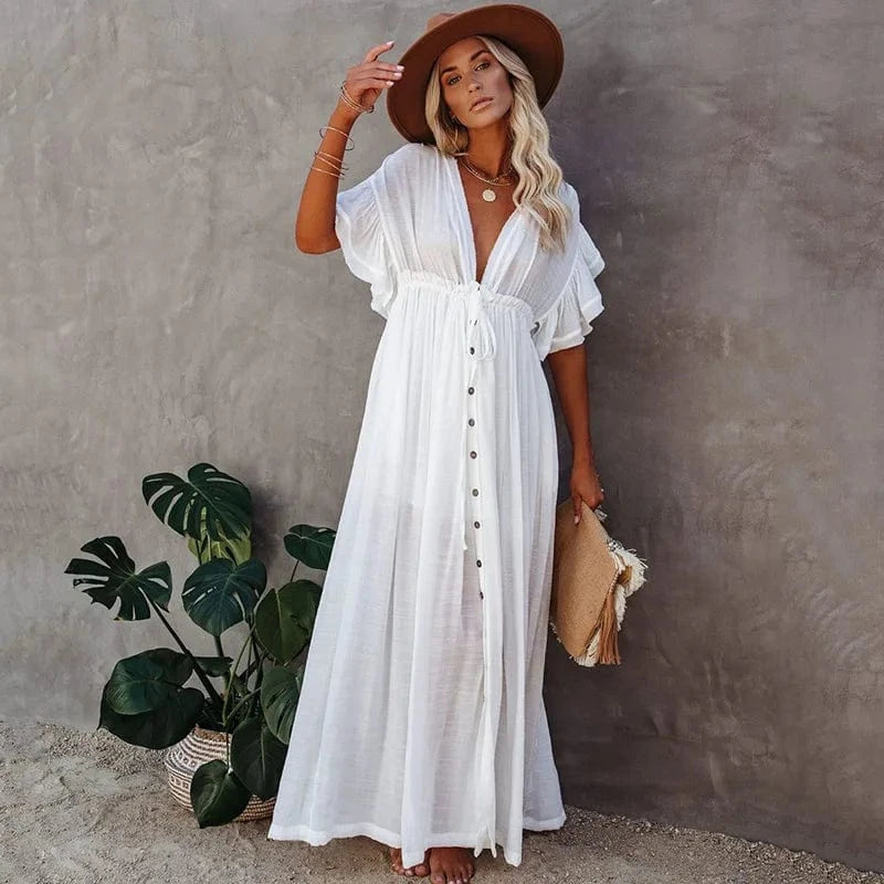 DAMOCHIC Summer Long Dress Female Sexy Deep V-Neck Beach Dresses Swimsuit Cover Up White Ladies Loose Maxi Beach Dresses 2023