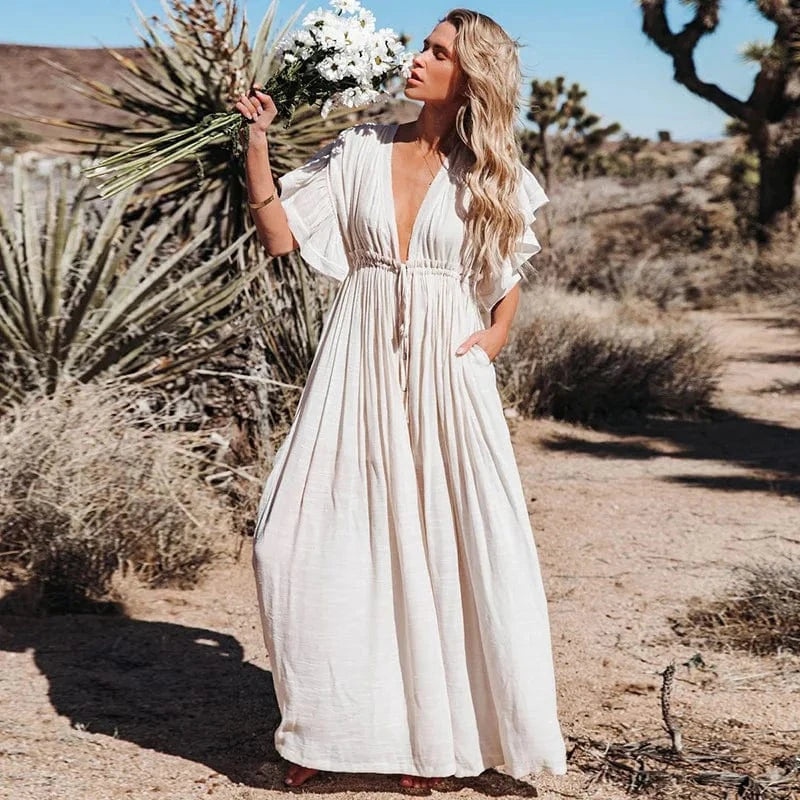 DAMOCHIC Summer Long Dress Female Sexy Deep V-Neck Beach Dresses Swimsuit Cover Up White Ladies Loose Maxi Beach Dresses 2023