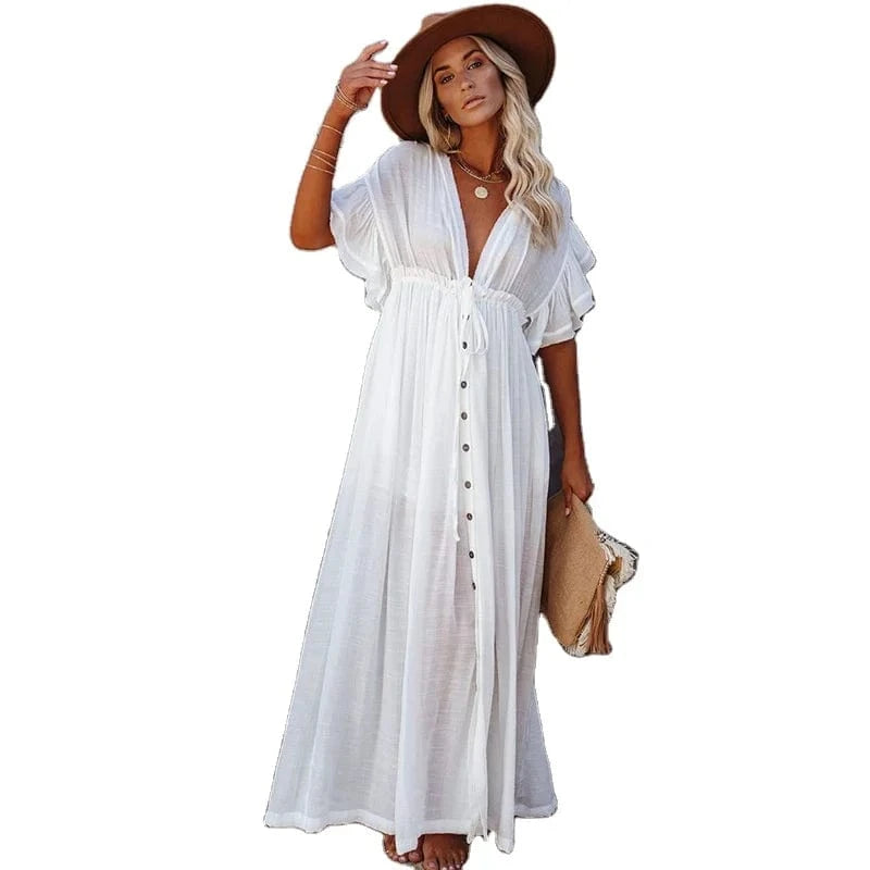DAMOCHIC Summer Long Dress Female Sexy Deep V-Neck Beach Dresses Swimsuit Cover Up White Ladies Loose Maxi Beach Dresses 2023