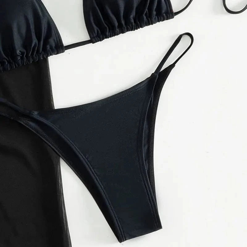 DAMOCHIC Sun screen three-piece set Swimsuit Summer Solid color Bathing Suit Halter&Lace up Beachwear for women 2023