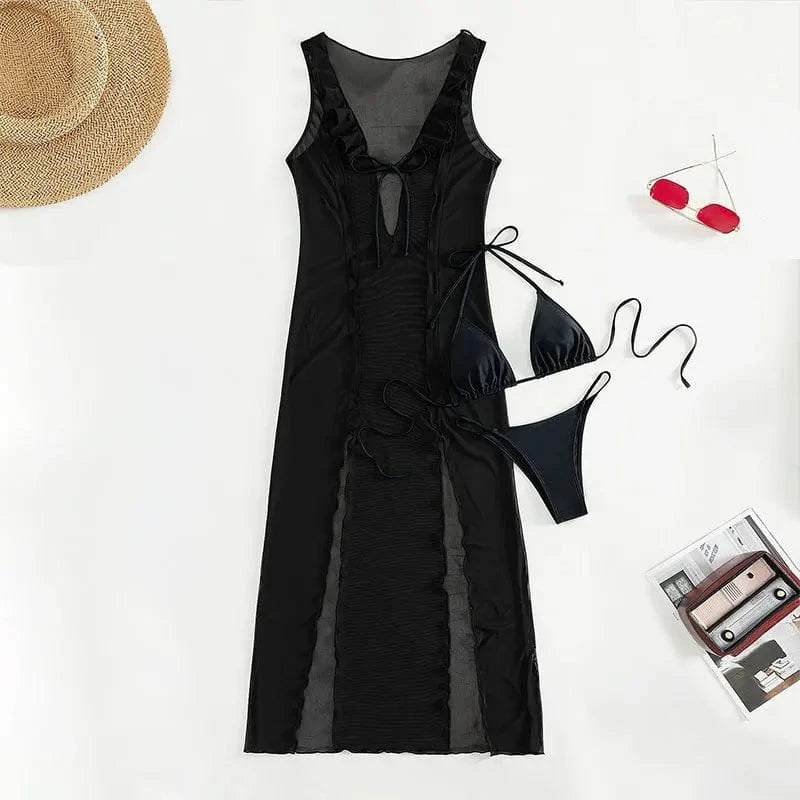 DAMOCHIC Sun screen three-piece set Swimsuit Summer Solid color Bathing Suit Halter&Lace up Beachwear for women 2023