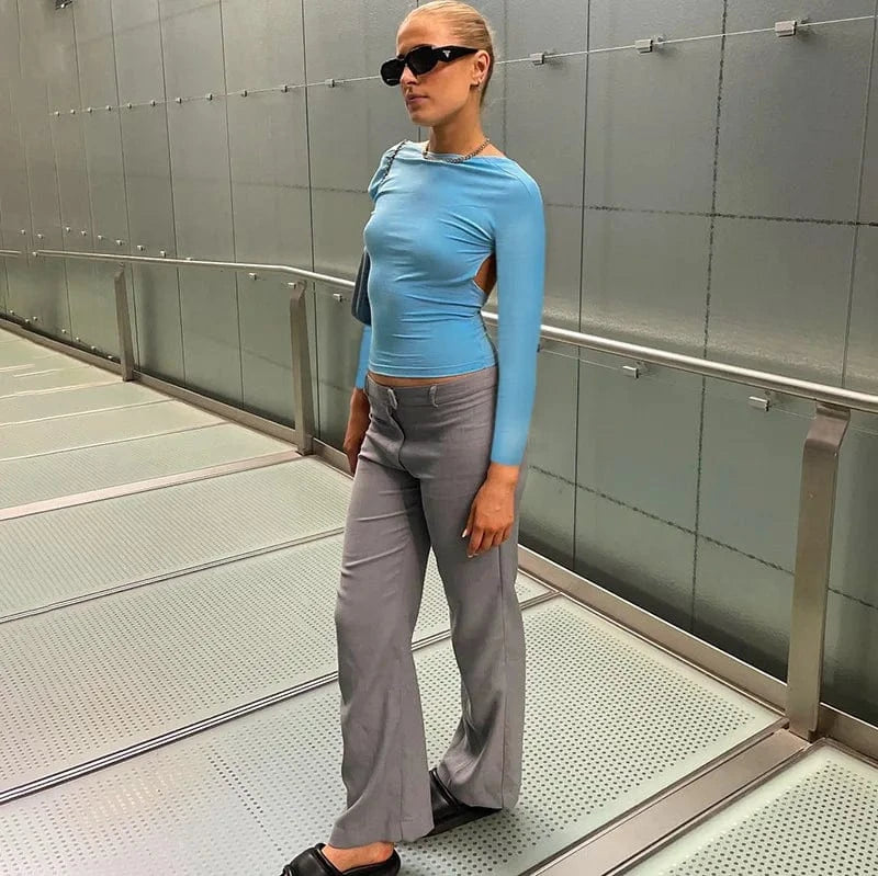 DAMOCHIC Trending T Shirt 2023 New Design Solid Color Backless Tee Fall Skinny Basic Crop Tops Long Sleeve T Shirt Custom Logo