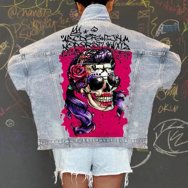 DAMOCHIC Trendy Street Graffiti Denim Jacket Dropped Shoulder Casual Fall Coats Long-Sleeved Customs Tops Long Jackets for Women