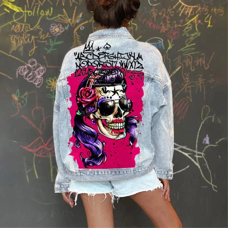 DAMOCHIC Trendy Street Graffiti Denim Jacket Dropped Shoulder Casual Fall Coats Long-Sleeved Customs Tops Long Jackets for Women