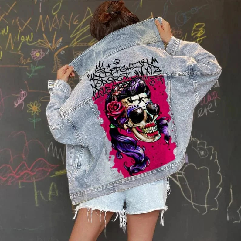 DAMOCHIC Trendy Street Graffiti Denim Jacket Dropped Shoulder Casual Fall Coats Long-Sleeved Customs Tops Long Jackets for Women