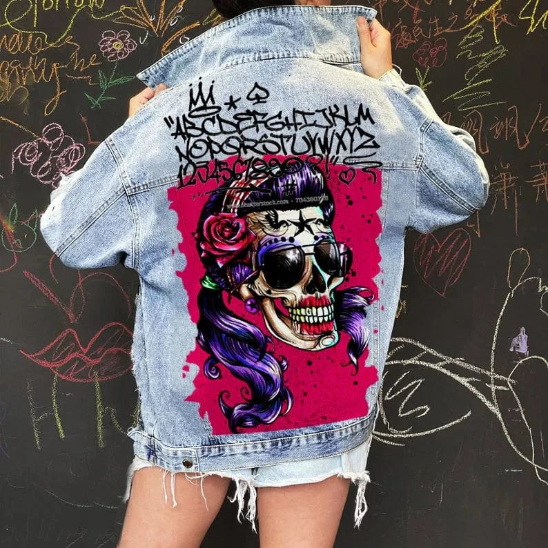 DAMOCHIC Trendy Street Graffiti Denim Jacket Dropped Shoulder Casual Fall Coats Long-Sleeved Customs Tops Long Jackets for Women