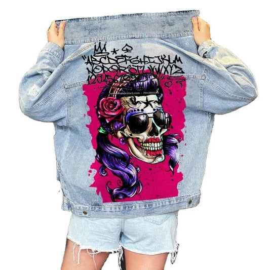 DAMOCHIC Trendy Street Graffiti Denim Jacket Dropped Shoulder Casual Fall Coats Long-Sleeved Customs Tops Long Jackets for Women