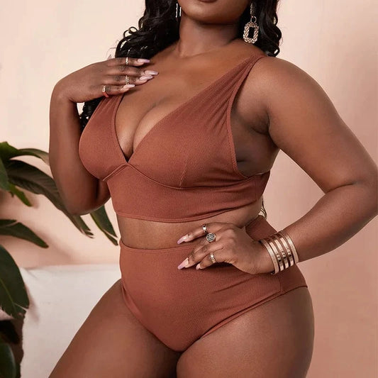 DAMOCHIC Two Piece Ribbed Swimwear Large High Waist Push Up V Neck Beach Wear for Fat Women Plus Size Swim Suits Bikini Set 2023