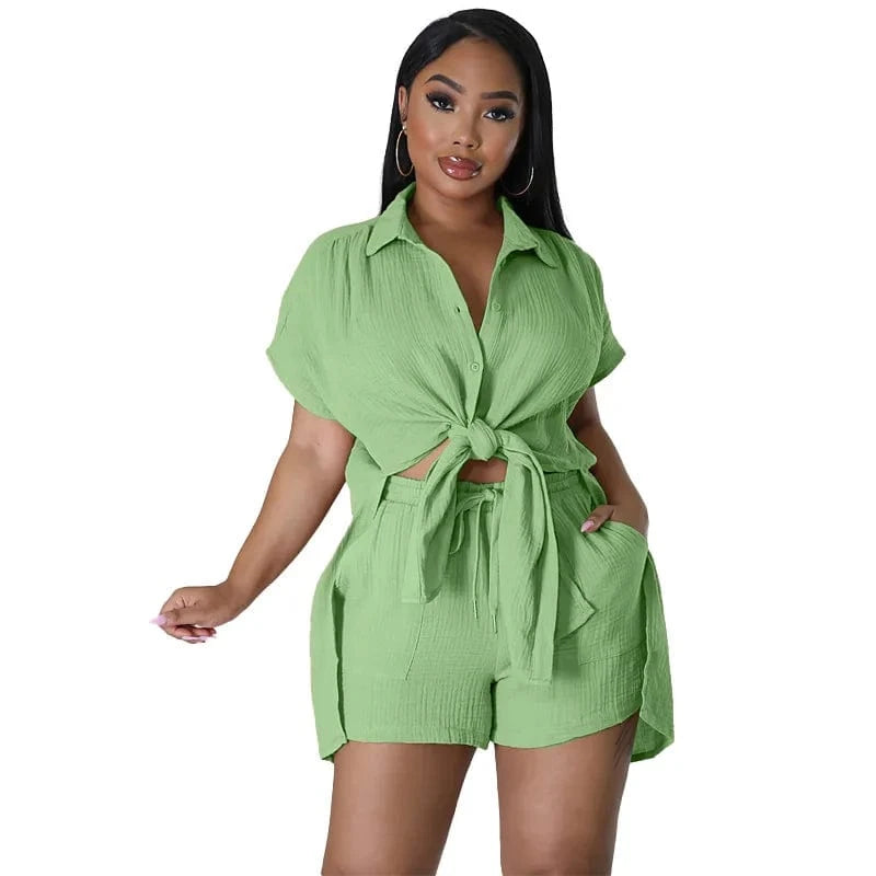 DAMOCHIC Wholesale Matching Sets Women Loose Solid Color Ladies Clothing Shirt Tops and Shorts Two Piece Set Summer 2023