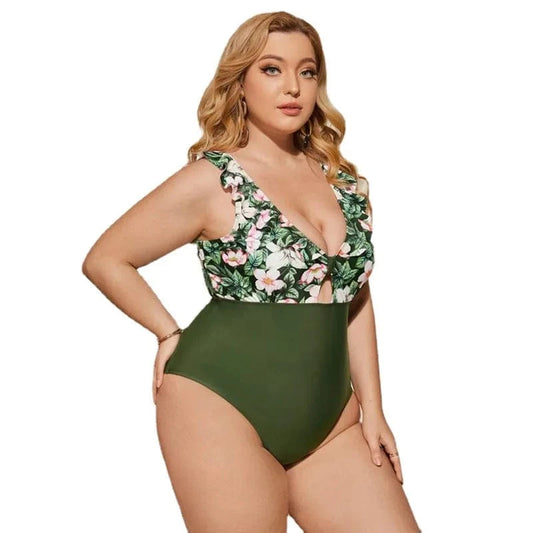DAMOCHIC Wholesale Printed Women Large Bikini One Piece Swimsuit Big Bust Ruffled Shoulder Plunge Neck Floral Plus Size Swimwear