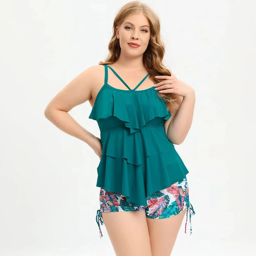 DAMOCHIC Wholesale Private Plus size swimsuit for women 2023 Summer Split bikini with Lotus leaf edge Stamp Tankinis Sets
