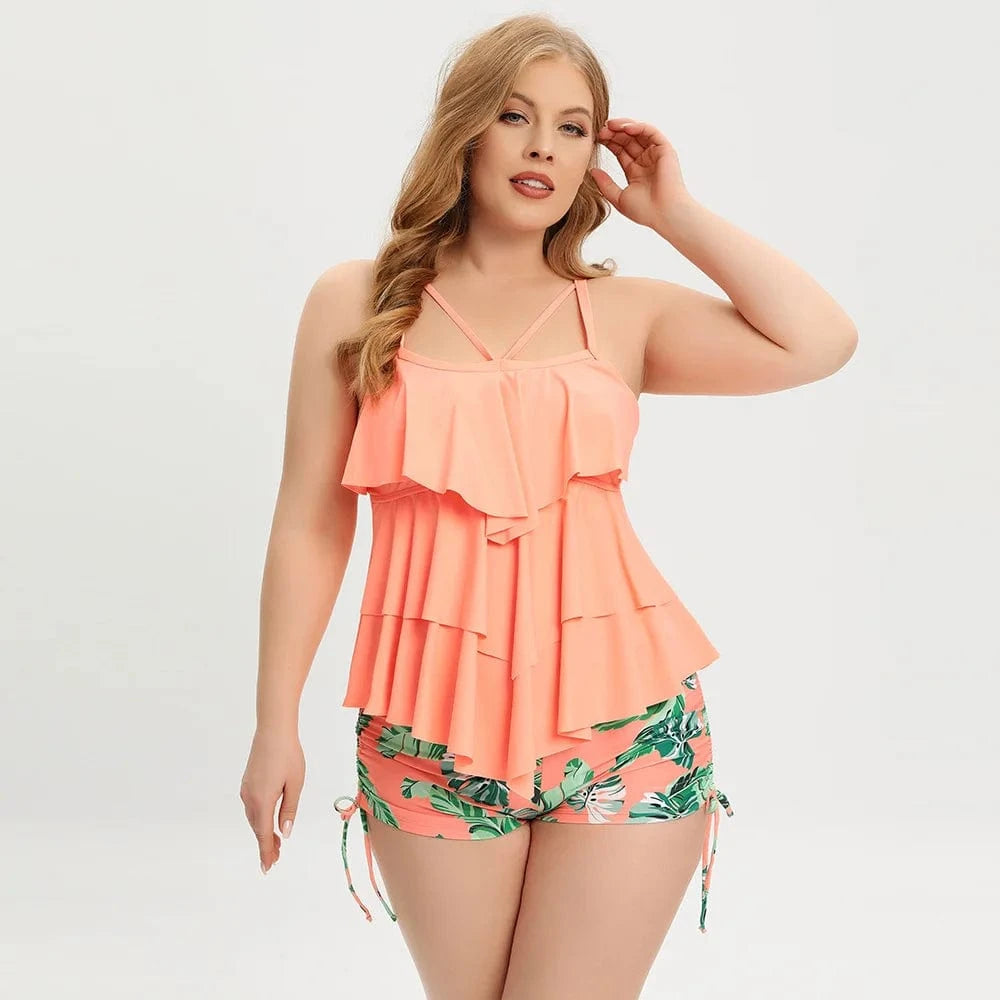 DAMOCHIC Wholesale Private Plus size swimsuit for women 2023 Summer Split bikini with Lotus leaf edge Stamp Tankinis Sets