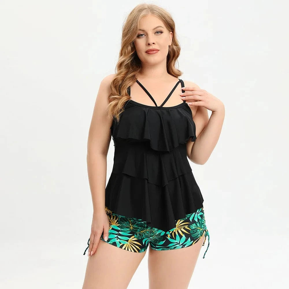 DAMOCHIC Wholesale Private Plus size swimsuit for women 2023 Summer Split bikini with Lotus leaf edge Stamp Tankinis Sets