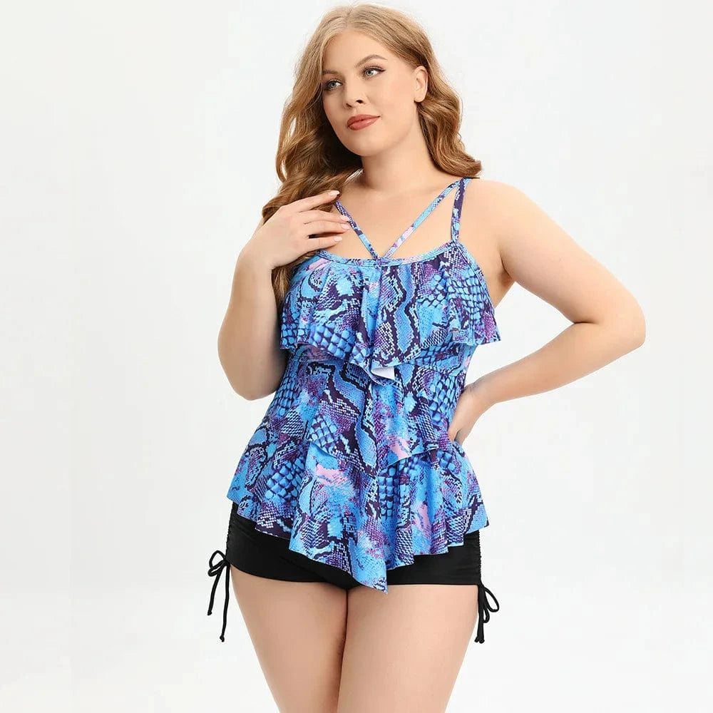 DAMOCHIC Wholesale Private Plus size swimsuit for women 2023 Summer Split bikini with Lotus leaf edge Stamp Tankinis Sets