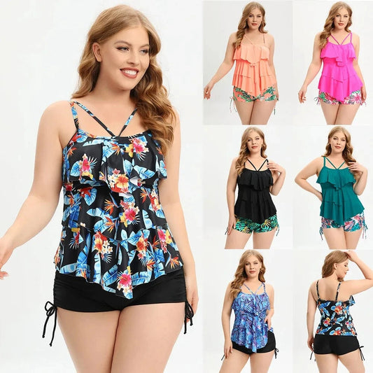 DAMOCHIC Wholesale Private Plus size swimsuit for women 2023 Summer Split bikini with Lotus leaf edge Stamp Tankinis Sets