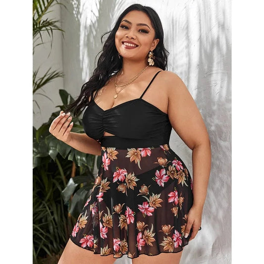 DAMOCHIC Wholesale Swimsuit for Fat Women Summer Floral Print Mesh Hide Belly Bikini Set Plus Size Beach Wear Tankini Set 2023