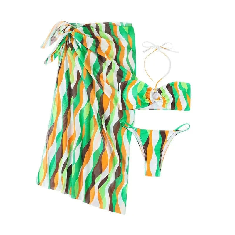 DAMOCHIC Wholesale Three-piece set Swimsuit Summer Halter&Lace up Beachwear Backless Stripes Bathing Suit for ladies 2023