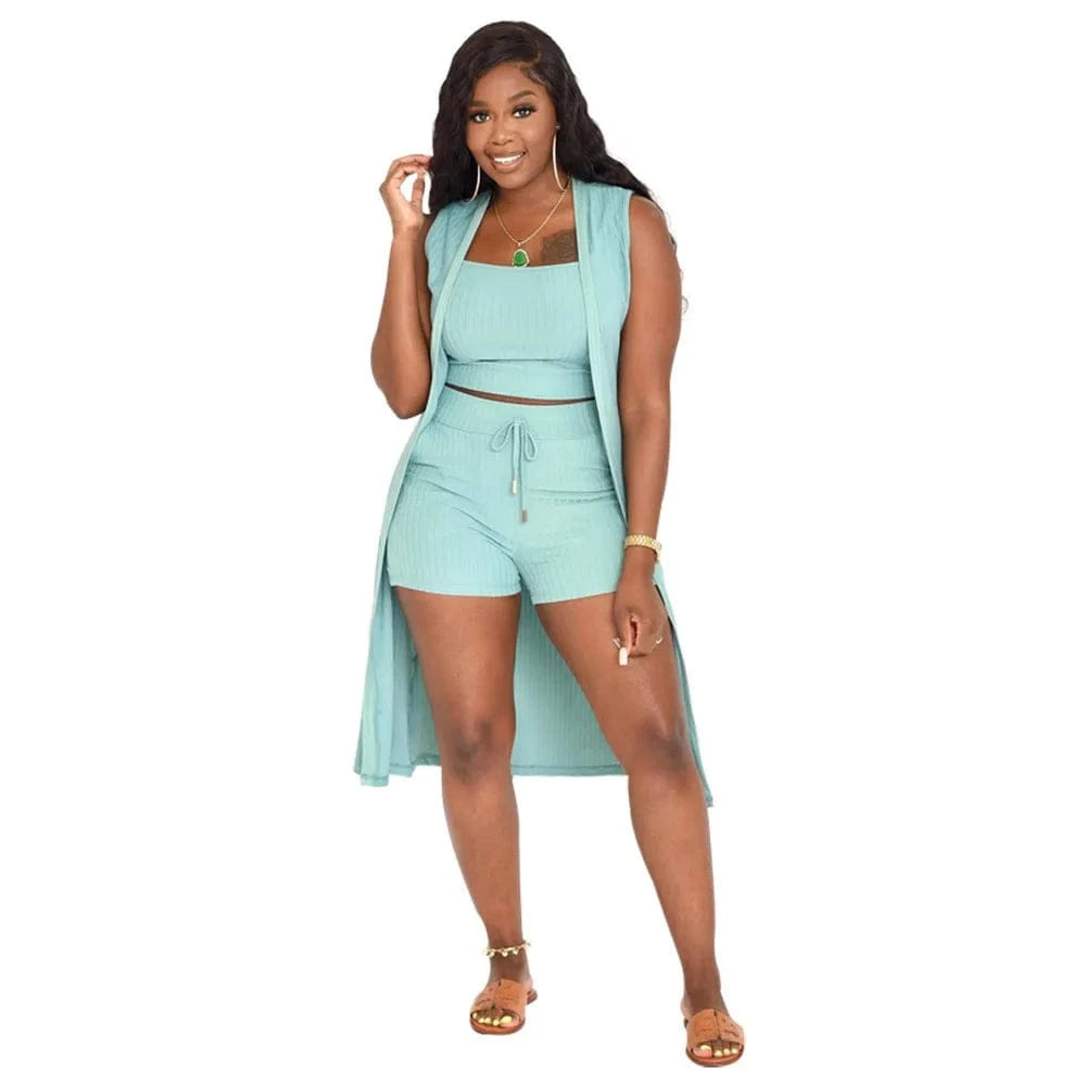 DAMOCHIC Wholesale Women Set Ribbed Crop Tops Shorts Suit Ladies African Clothing 3 Piece Set Women Cardigan Summer Set 2023