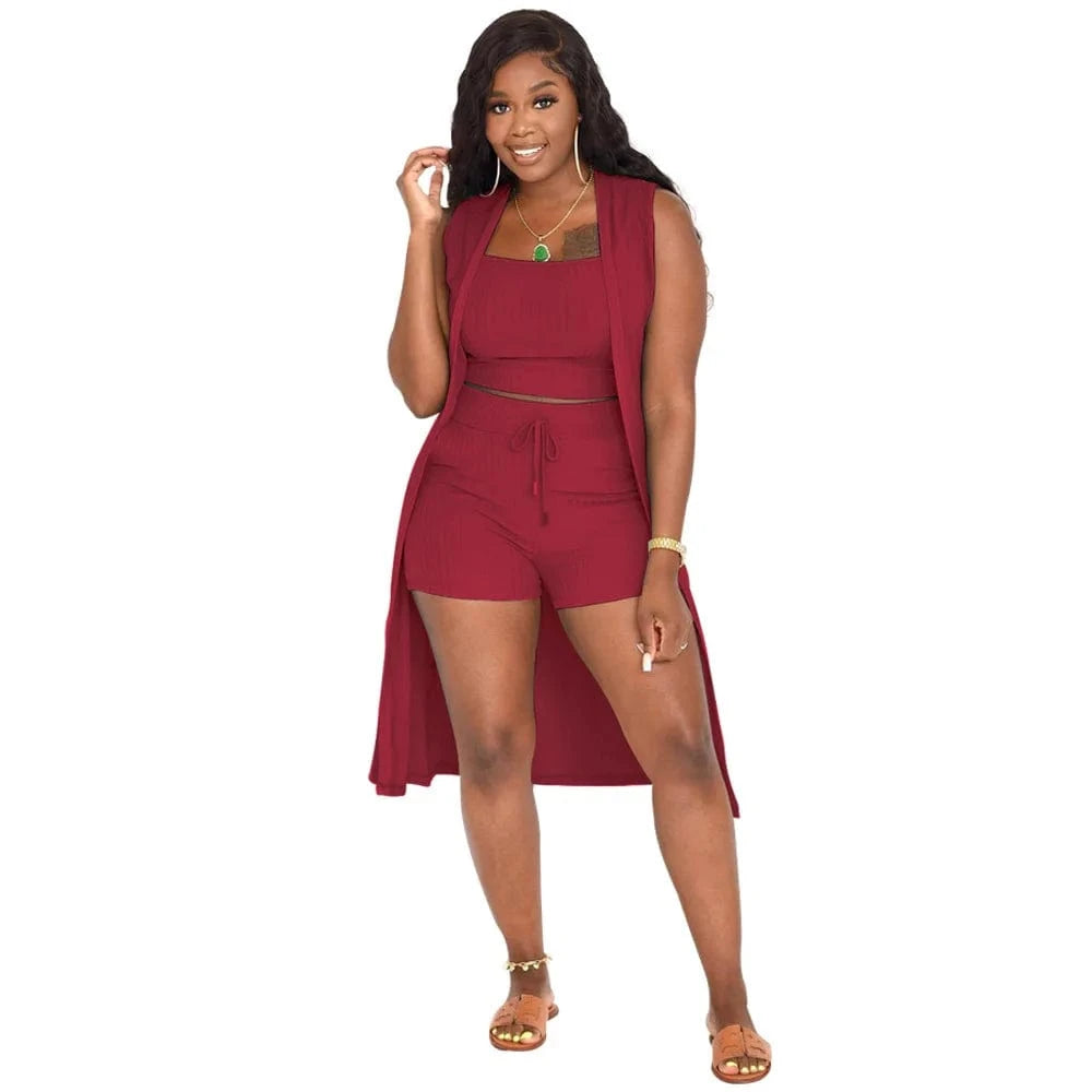 DAMOCHIC Wholesale Women Set Ribbed Crop Tops Shorts Suit Ladies African Clothing 3 Piece Set Women Cardigan Summer Set 2023