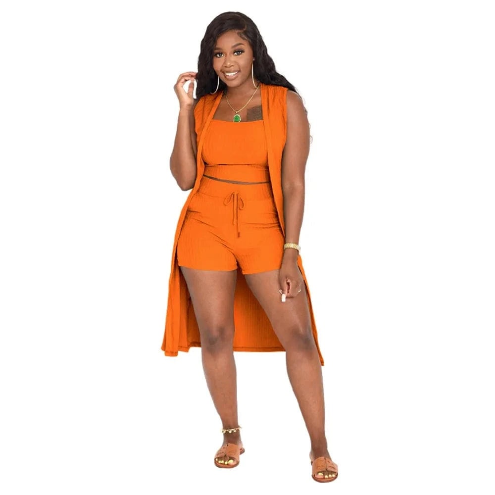 DAMOCHIC Wholesale Women Set Ribbed Crop Tops Shorts Suit Ladies African Clothing 3 Piece Set Women Cardigan Summer Set 2023