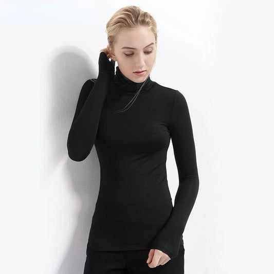 DAMOCHIC Winter Basic T Shirt Slim Fit Stretch Solid Color Fall Tops Long Sleeve Plus Soft Smooth Modal Turtleneck T Shirt Women