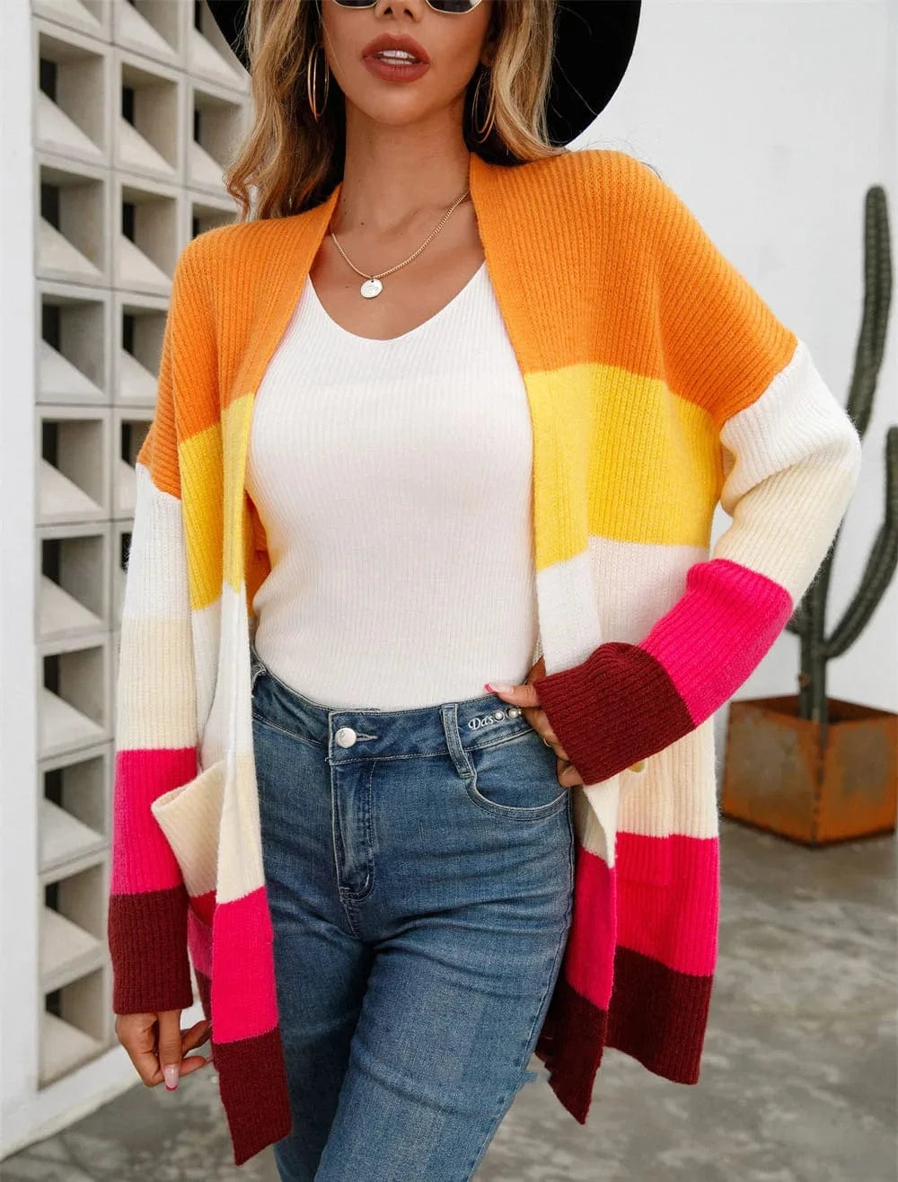 DAMOCHIC Winter New Mid Length Stitching Loose Knit Jacket Women Fashion Color Blocking Long Sleeve Cardigan Streetwear Sweater