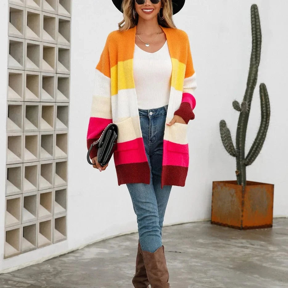 DAMOCHIC Winter New Mid Length Stitching Loose Knit Jacket Women Fashion Color Blocking Long Sleeve Cardigan Streetwear Sweater