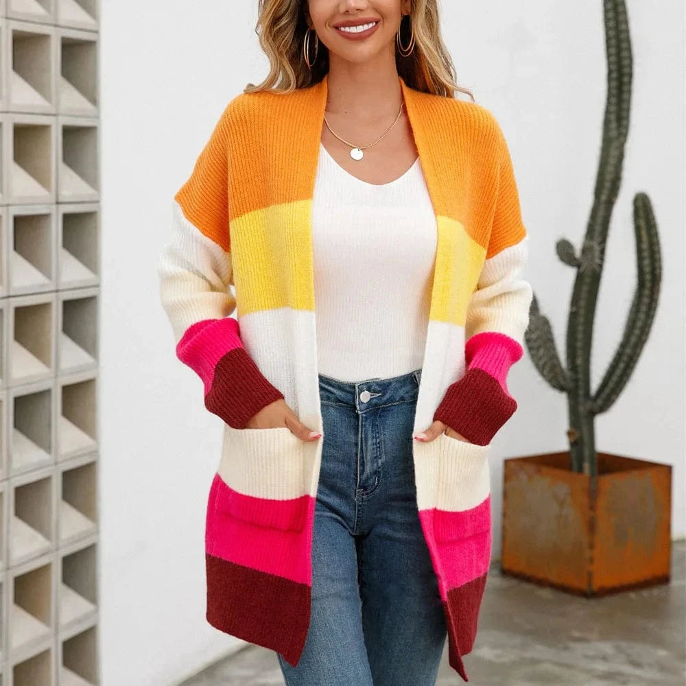 DAMOCHIC Winter New Mid Length Stitching Loose Knit Jacket Women Fashion Color Blocking Long Sleeve Cardigan Streetwear Sweater