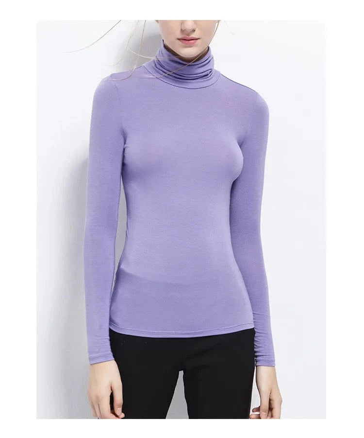DAMOCHIC Women Basic Slim Fit Stretch T Shirt Solid Color Turtleneck Fall Tops Long Sleeve Plus Warm Soft Smooth Modal T Shirt