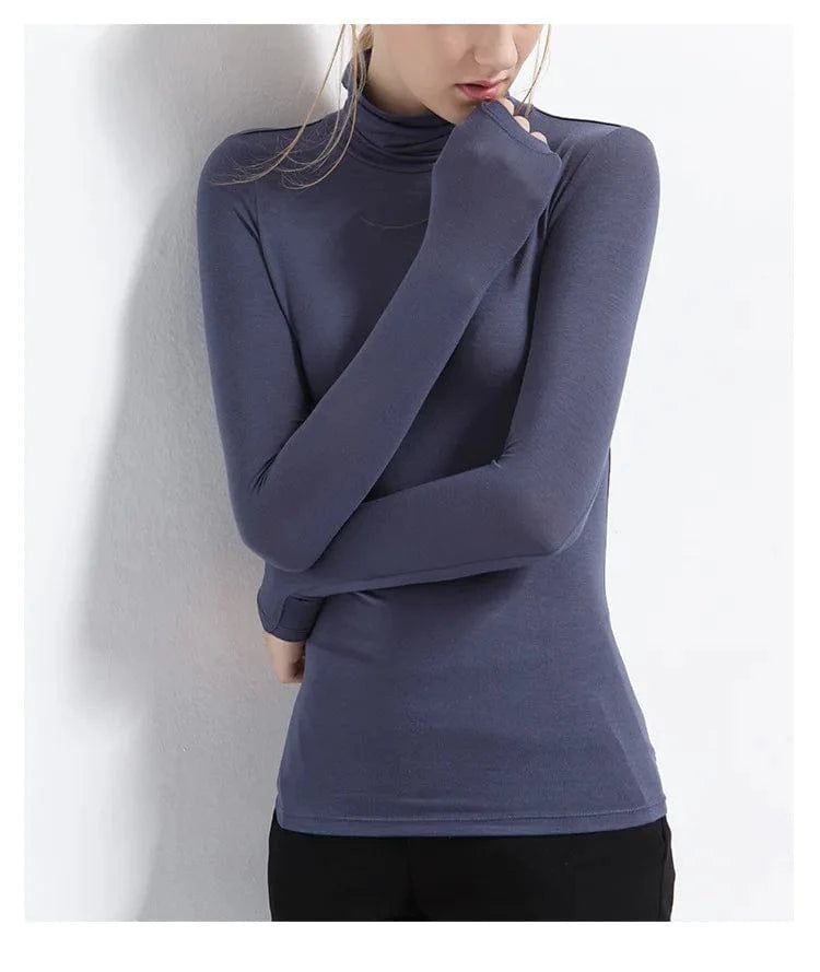 DAMOCHIC Women Basic Slim Fit Stretch T Shirt Solid Color Turtleneck Fall Tops Long Sleeve Plus Warm Soft Smooth Modal T Shirt